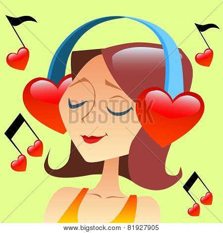Girl Listening To Music With Headphones In The Form Of A Red Hea