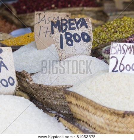 Traditional food market in Zanzibar in Africa.