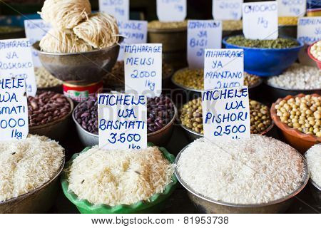 Traditional food market in Zanzibar in Africa.