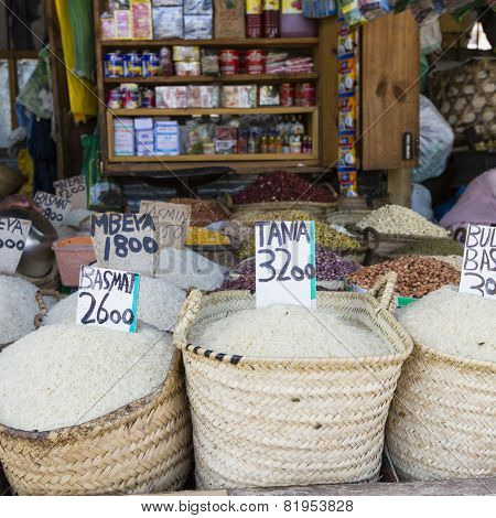 Traditional food market in Zanzibar in Africa.