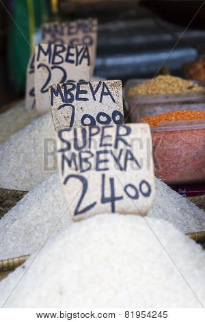Traditional food market in Zanzibar in Africa.