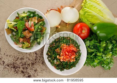Plates of traditional Arabic salad fattouch and tabbouleh on a rustic background