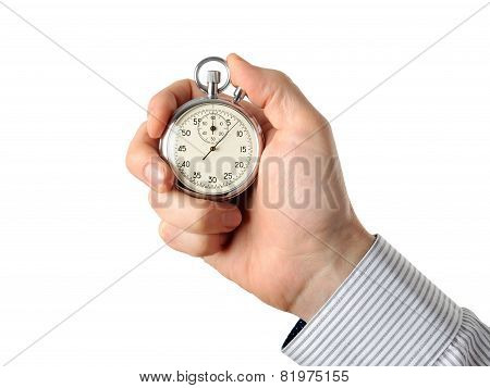 Closeup Of Hand Holding Stopwatch, Isolated On White Background