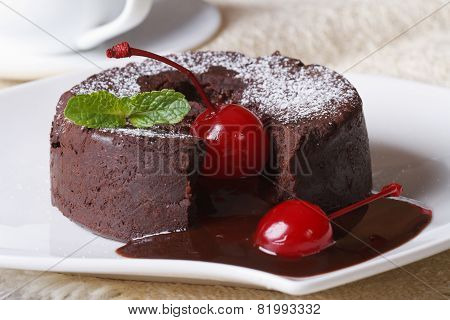 Chocolate Fondant With Cherries Macro And And Coffee. Horizontal
