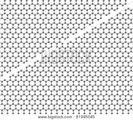 Graphene sheet divided into two parts with a bridge on a white background