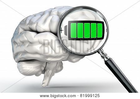 Full Energy Symbol On Magnifying Glass And Human Brain