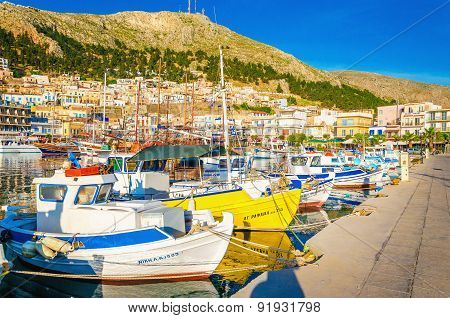 Colorful boats in Pohtia port on Kalymnos, Greece
