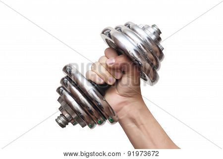 Dumbbells In Hand On A White Background