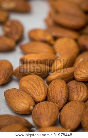 Macro of almond nuts on tray