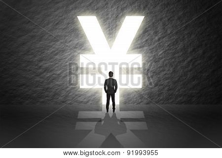 Businessman In Suit Stand And Looking Aim The Door Success Yen Money Sign Isolated Cement Abstract B