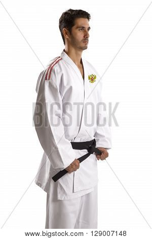 Russian judo fighter on a white background