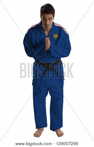 Russian judo fighter on a white background
