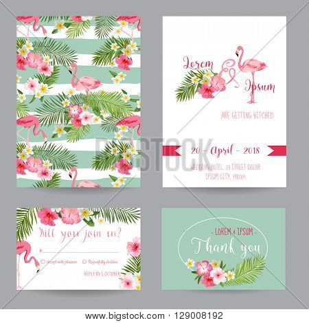 Save the Date - Wedding Invitation or Congratulation Card Set - Tropical Flamingo Theme - in vector