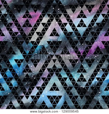 Galaxy seamless pattern with triangles and geometric shapes. Vector trendy illustration.