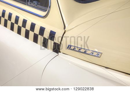 MOSCOW RUSSIA - April 24.2016: Rare car Pobeda with taxi logo on board