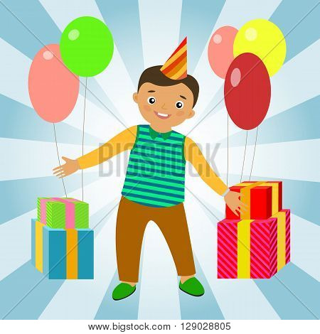 Birthday background with happy boy with presents and ballons