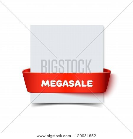 Paper greeting card with curved red gift ribbon bow and inscription Megasale isolated on white. Realistic vector illustration of white paper note card with ribbon with space for text for advartising banner and decoration