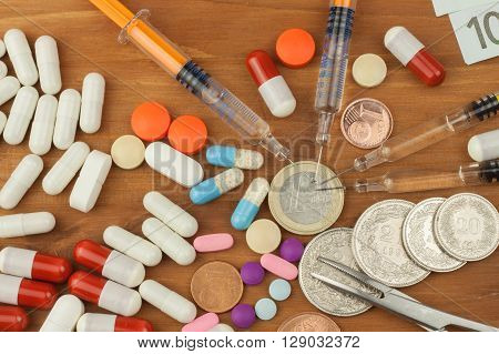 Money for expensive treatment. The Swiss franc and the euro on drugs. Selling drugs. Expensive health care. Modern medicine. Cancer Treatment.
