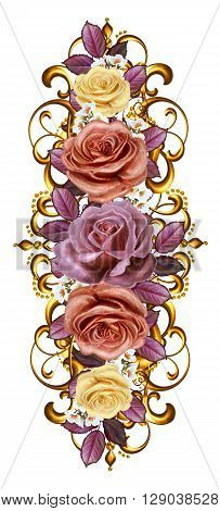 Bouquet colorful roses in a gold frame.Old style. Pastel shades. Floral background. Isolated.