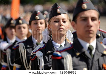 Orel Russia - May 9 2016: Celebration of 71th anniversary of the Victory Day (WWII). People in Russian military uniform marching closeup