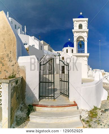 Imerovigli Anastasi Church of the Greek Aegean island, Santorini, in the sunny day, Greece