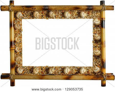 Photoframework from sea cockleshells isolated on white background