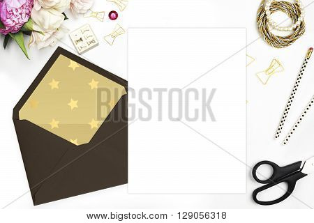 Woman desktop, template card, Mock up for your photo or text Place your work. Peonies and gold stationery. Gold Polka. Header website or Hero website