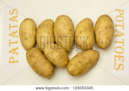 Potatoes on white background, potatoes in Spanish and English