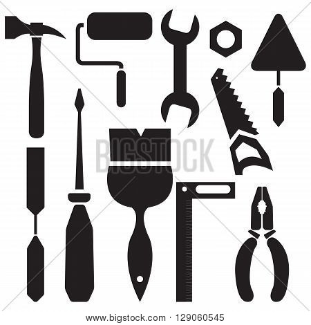 Silhouette set of tools hammer pliers a putty knife saw screwdriver chisel