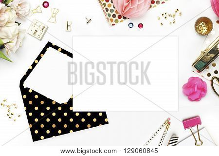 Wedding background. Mock-up for your photo or text Place your work. Woman desktop template card Peonies and gold stationery. Gold Polka. Header website or Hero website