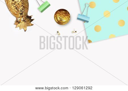 Background mock-up. Hero and header for site. Flat lay. Stationery golden. Feminine scene. Elegant background. Woman modern desk top