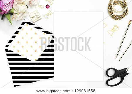 Header website or Hero website, Table view office items, white background mock up, woman desk. Polka gold pattern and blush