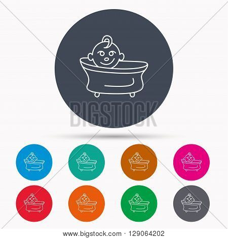 Baby in bath icon. Toddler bathing sign. Newborn washing symbol. Icons in colour circle buttons. Vector