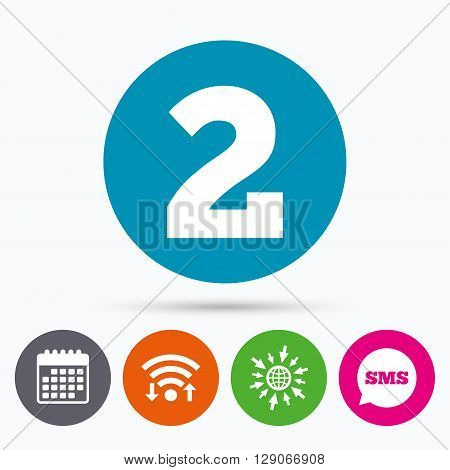 Wifi, Sms and calendar icons. Second place award sign. Winner symbol. Step two. Go to web globe.