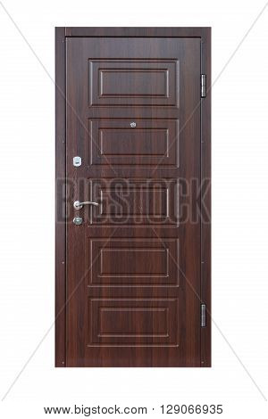 Closed wenge wooden door isolated at white background. Image of a closed door. Entrance to apartment. Dark brown wood, designed and textured front door with lock and handle. Modern Door design.