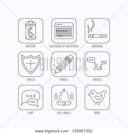 Battery, pencil and protection shield icons. Dialog chat, bell rings and vacation calendar linear signs. Bird, smoking allowed icons. Flat linear icons in squares on white background. Vector