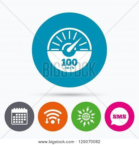 Wifi, Sms and calendar icons. Tachometer sign icon. 100 km per hour revolution-counter symbol. Car speedometer performance. Go to web globe.