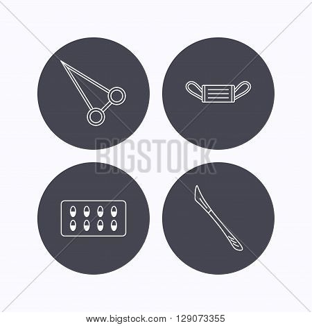 Medical mask, capsules and scalpel icons. Peans forceps linear sign. Flat icons in circle buttons on white background. Vector