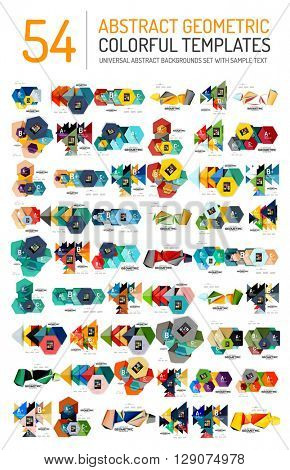 Collection of abstract backgrounds - colorful textured glossy geometric shape compositions with infographics option sample text, repetition of elements. Colorful geometric universal template, bright