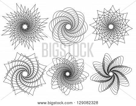 Set Of 6 Spirally, Rotating Shapes. Abstract Geometric Forms, Elements.