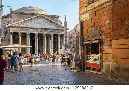 Rome Italy - August 22 2015: people walking in Pantheon street the way to the Pantheon church