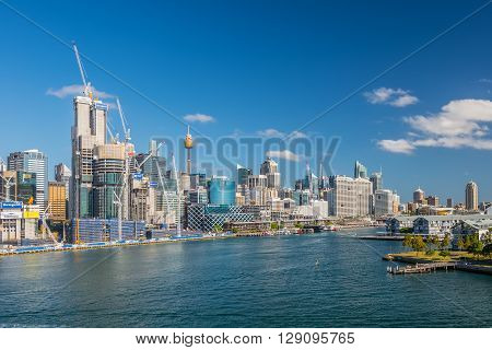 Sydney Australia - November 11 2014: View of the Sydney's business district and Darling harbour Sydney New South Wales Australia. Barangaroo is a new part of the Sydney CBD located on the western harbour foreshore.