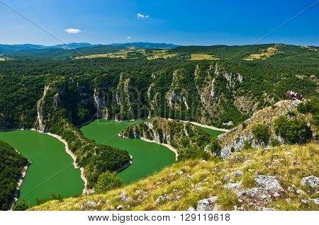 Meanders at rocky river Uvac gorge on sunny morning, southwest Serbia