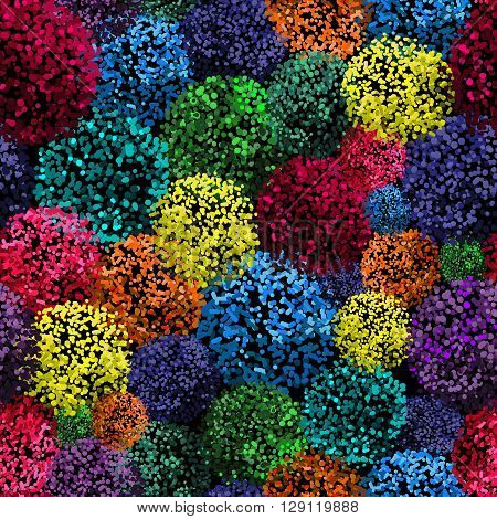 Vector seamless pattern with small furry flowers or pompoms in variety of bright colors can be used for web, print, wallpaper, spring summer fashion, fabric, textile, card background.