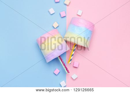 Multicolored Cotton candy. Pastel marshmallows. Minimal style.