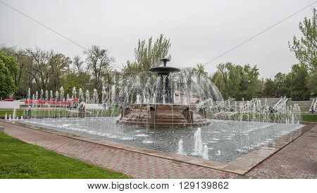 ROSTOV-ON-DON RUSSIA- MAY 01- Theater Square with a fountain in the center.Sculptor E.Vucetich on May 012015 in Rostov-on-Don