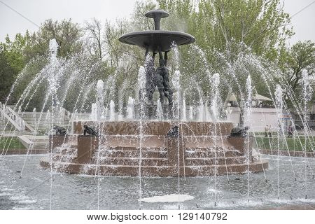 ROSTOV-ON-DON RUSSIA- MAY 01- Theater Square with a fountain in the center.Sculptor E.Vucetich on May 012015 in Rostov-on-Don