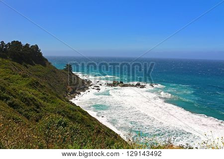 Land and sea scenery along California's Hwy 1 in the Big Sur Region