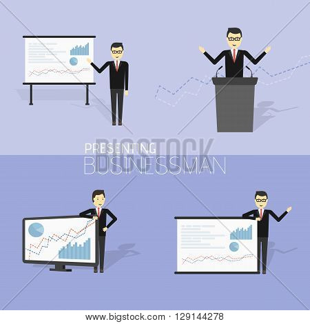 Businessman in formal suit is giving a presentation and showing graphs. Cartoon character - cute businessman. Report, training. Stock vector illustration in flat design.