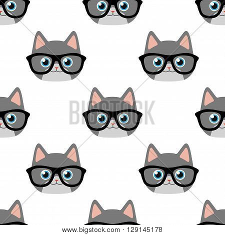 Vector seamless pattern with cat face in glasses